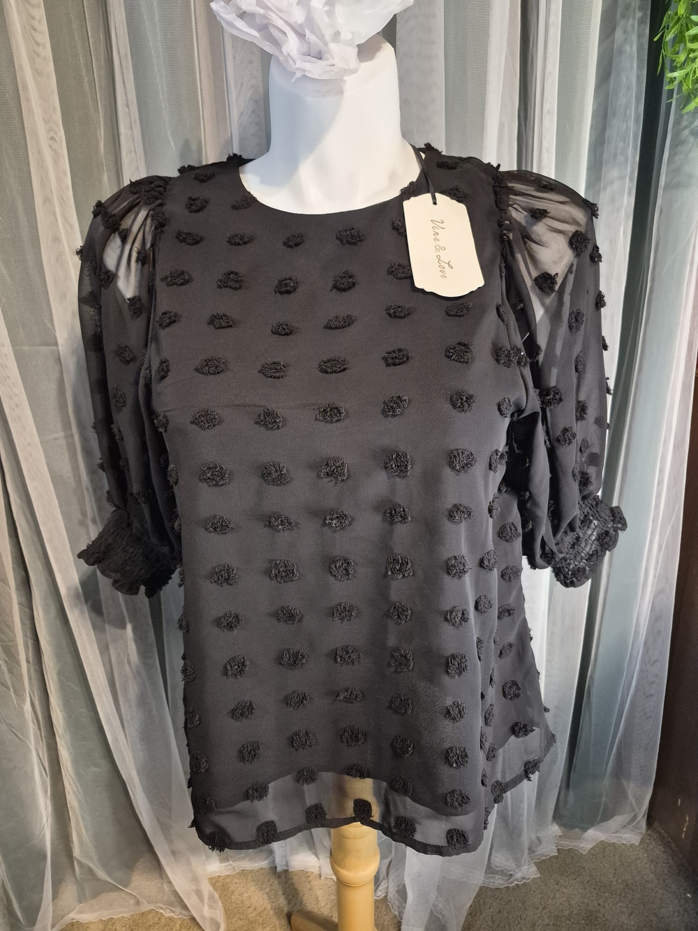 Vine & Love Black Pom Dot Puff-Sleeve Blouse